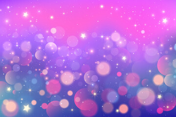 Wall Mural - Purple background with bokeh and sparkles. Magic pink dreamy starry sky. Cute fantasy vector texture with glitter. Holographic fairy blurred wallpaper