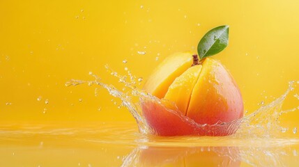 Canvas Print - A sliced peach with a green leaf falls into a yellow liquid, creating a splash.