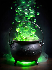 Bubbling Green Potion in a Mysterious Black Cauldron