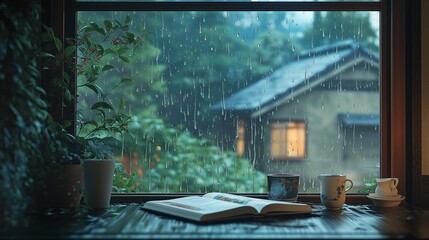 Poster - The perspective from inside a cozy room, looking out through a rain-streaked window