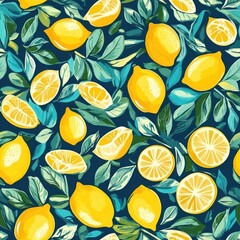 Canvas Print - Watercolor Seamless Pattern with Lemons and Leaves.