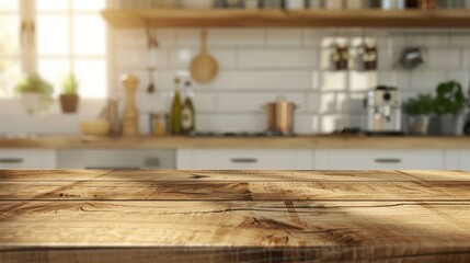 Canvas Print - Wooden table surface with blurred kitchen backdrop for product display or design mockups