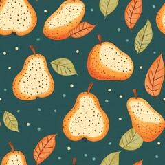 Canvas Print - Seamless pattern with pears and leaves on a dark blue background.