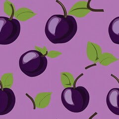 Sticker - Seamless pattern with purple fruits and green leaves on a pink background.