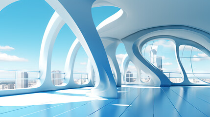 Poster - Abstract architecture scene with smooth curves. Abstract background with futuristic building in white and blue colors.