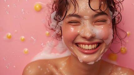 Wall Mural - A beautiful Asian woman is happy with her hair being washed with shampoo foam on her head.