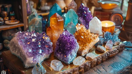 Chakra healing crystals display setting