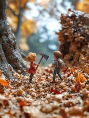 Poster - Two figurines of a boy and girl in an autumn forest. The girl holds a miniature axe.