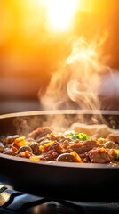 Sizzling Greek stirfry with lamb, olives, and sundried tomatoes in a castiron pan, steam rising as it s being served with warm pita bread