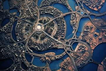 Wall Mural - Futuristic city aerial view at sunny day. Round structure of sci-fi metropolis from the bird view