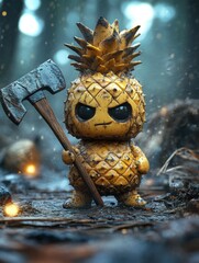 A pineapple character with a mean expression, holding an axe in a forest setting.