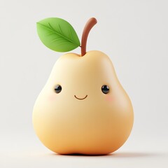 Wall Mural - 3D cartoon pear with a smiling face, single green leaf, brown stem, and pink cheeks.