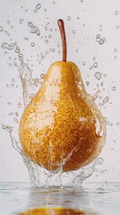 Poster - A ripe yellow pear falls into a water surface and creates a splash and air bubbles.