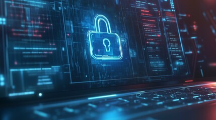 Poster - a digital lock symbol displayed on a laptop screen during a cybersecurity analysis session at night