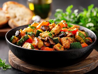 Wall Mural - Vegetarian Portuguese stirfry with zucchini, bell peppers, and mushrooms, cooked in olive oil and garlic, served on a rustic wooden board with a side of crusty bread