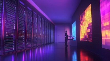 Poster - A professional monitoring server performance in a modern data center at night