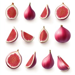 Sticker - Set of whole, halved, and sliced red figs isolated on white background.