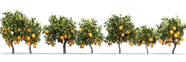 Sticker - Six orange trees with ripe fruit isolated on white background.