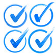 © LADALIDI - collection of blue watercolor brush stroke painted check mark inside a circle transparent background, verification, approval, confirmation or completion symbols.