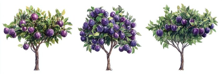 Wall Mural - Watercolor illustration of three plum trees with ripe plums.