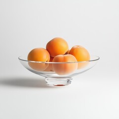 Sticker - Four ripe apricots in a clear glass bowl on a white background.