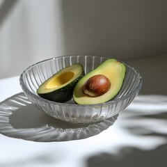 Canvas Print - Two halves of avocado with pit in a glass bowl on a white surface with a shadow.