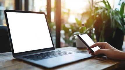 Poster - Laptop and Smartphone on a Wooden Table