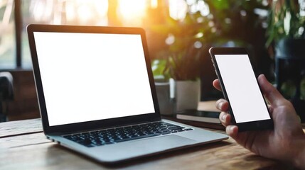Poster - Laptop and Smartphone with Blank Screens on Wooden Table