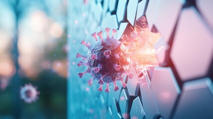 An abstract illustration of a virus being blocked by a firewall, representing the protection offered by cybersecurity.