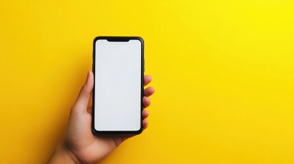 Aufkleber - Hand Holding a Smartphone with Blank Screen Against Yellow Background