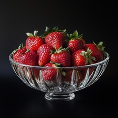 Wall Mural - Fresh red strawberries in a crystal bowl on a black background.