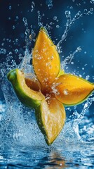 Canvas Print - Starfruit splashing into blue water with droplets.