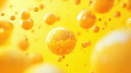 Yellow background, floating yellow shiny balls. Shiny banner, 3D scene effect, modern macro photorealistic abstract background. The generation of AI