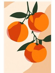 Canvas Print - Three oranges on a branch with green leaves against a beige background with an abstract peach colored shape.