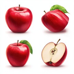 Wall Mural - Set of four red apples in different positions, including whole, half, and side views.