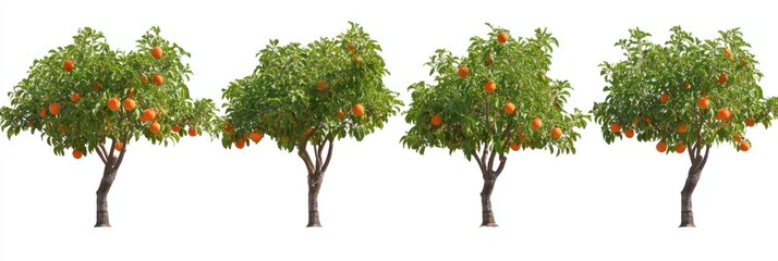 Wall Mural - Four orange trees isolated on white background with ripe fruit and green leaves.