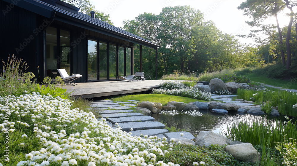 14. Scandinavian house with clean lines, a minimalist garden with white