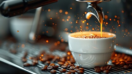 Hyper-realistic stock photo of espresso pouring from a coffee machine into a white cup, with 2/3 of the left background empty for text