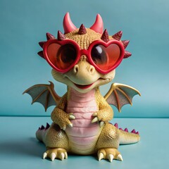 Cute pink baby dragon with heart glasses sits playfully against a blue backdrop. Generative AI