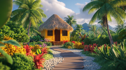 51. Tropical beach hut with a vibrant garden, palm trees, and a thatched roof