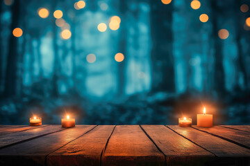 Halloween Night Product Presentation, Two Lit Candles on Aged Wooden Table, Spooky Blue Background with Soft Lights, Perfect for Mystical Product Showcasing