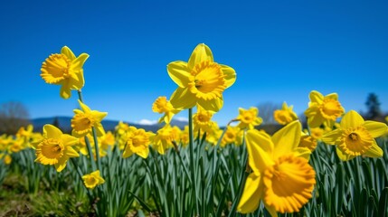 Canvas Print - Field of bright yellow daffodil flowers in full bloom, under a clear blue sky