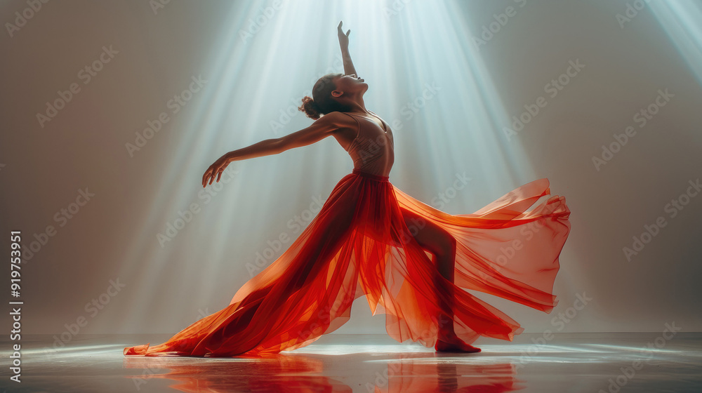 Graceful dancer performing in a flowing red skirt, illuminated by ...