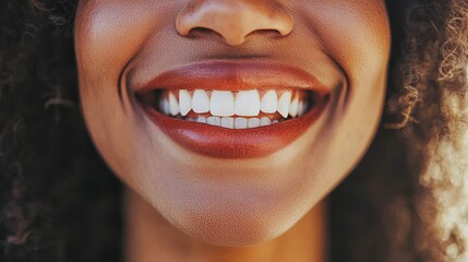 Close up of a woman displaying a radiant smile, revealing her healthy and attractive teeth