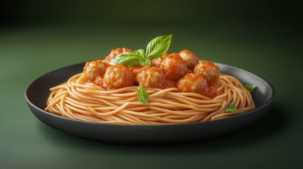 Wall Mural - Spaghetti Bolognese on a plate with hanging spaghetti, dark green background, food photography