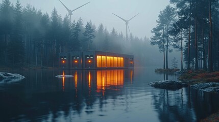 Canvas Print - Modern Cabin Reflecting in a Foggy Lake