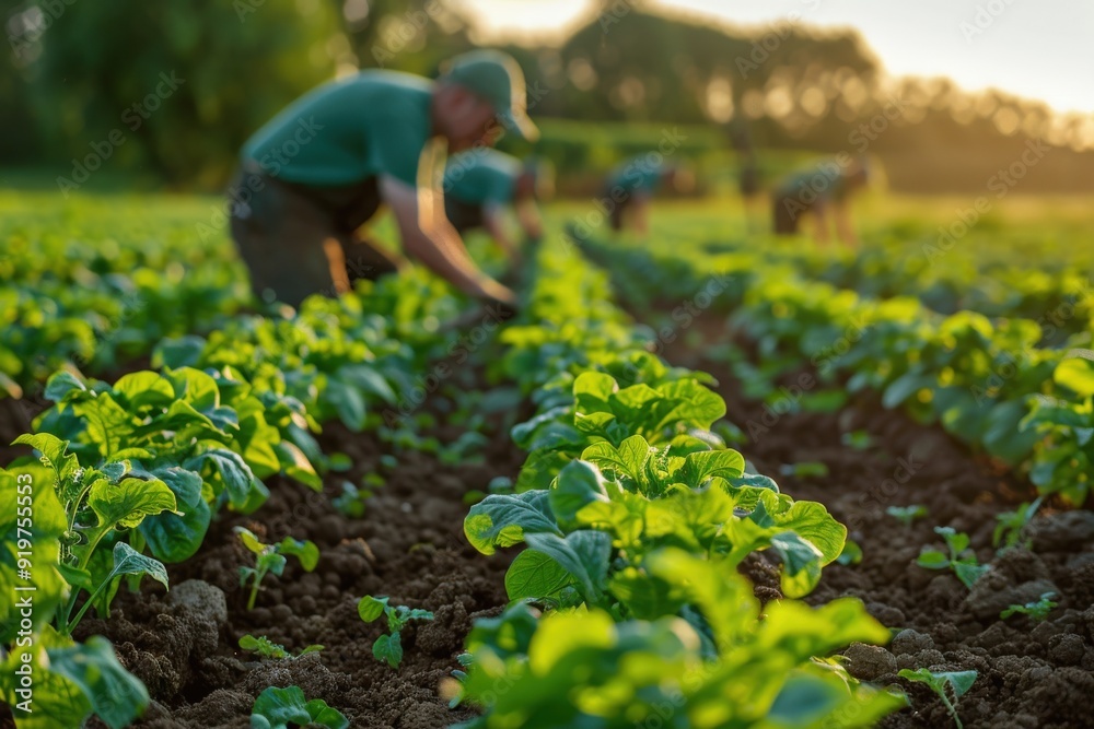Farmers diligently work in a lush green field at sunrise, focusing on ...