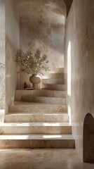 Minimalist interior with a laptop and decorative vase on a staircase in soft natural light