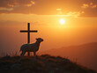© RareStock - Concept of resurrection of Jesus Christ lamb of God in front with cross in background and sunset