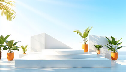 Modern podium with geometric shapes and tropical plants in bright sunlight isolated with white highlights, png